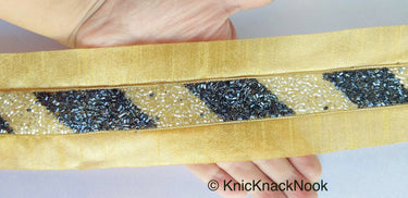 Beige Fabric Trim With Silver And Metallic Grey Bugle Beads Embellishments, Beaded Trim,